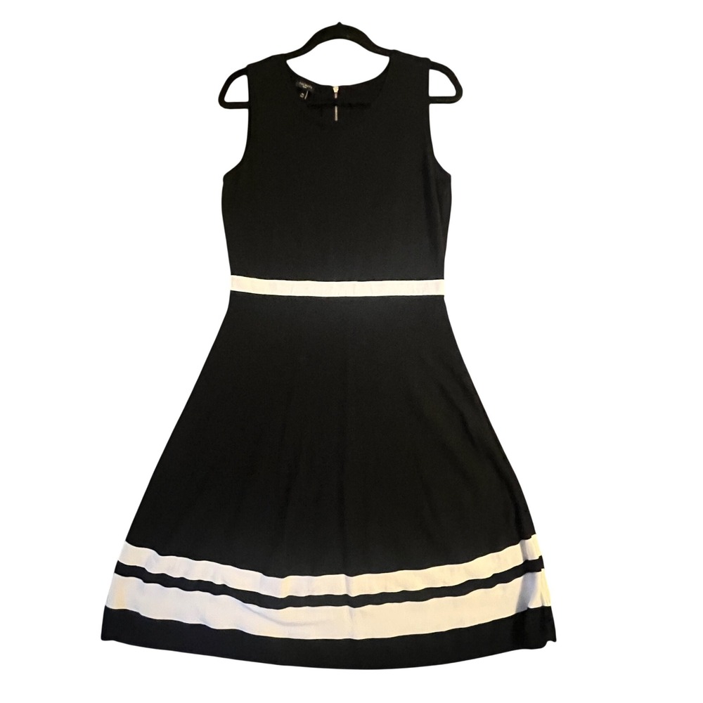 Talbots Fit & Flare Dress Women MP Black White Striped Knit Mod Career Chic